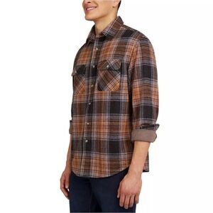 Chaps Men's Knit Flannel Shirt Button Up Stretch Brown Plaid Size S Midweight